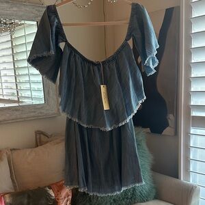 Elan Washed Denim Blue Off-Shoulder Dress